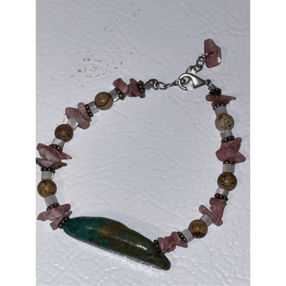 Southwestern Natural Turquoise Pink Rhodochrosite Jasper Stone Sterling Bracelet